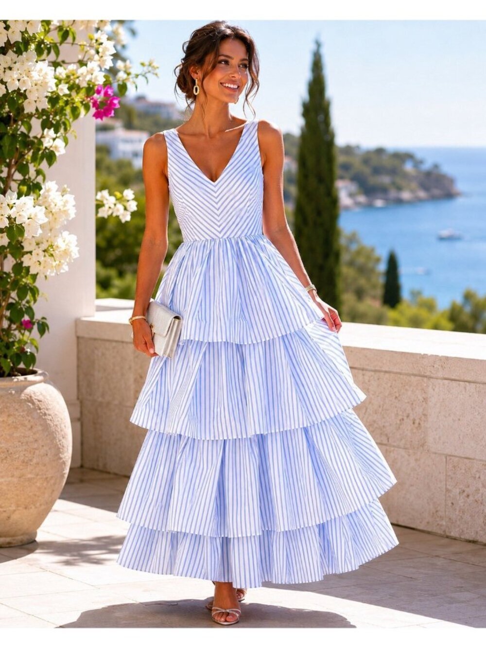 Sara Roka Erica Gown Sz IT 42 US 6 Blue White Stripe Tiered Ruffle Maxi Dress